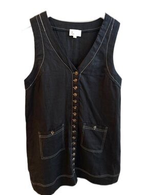A. Ren 100% Linen Mini Dress Contrast Stitch Buttons Coastal Preppy Summer Small